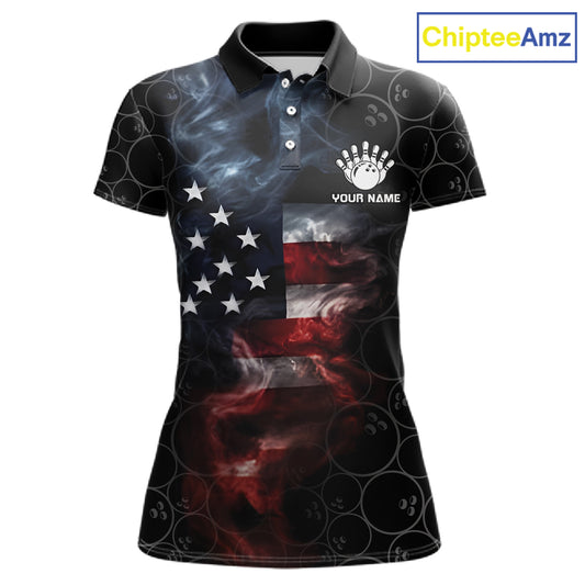 Custom American Flag Smoke Bowling Shirt For Women, Patriotic Bowling Jersey Team Polo & 1/4 Zip TDM6291