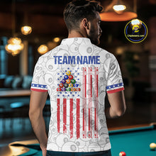 Load image into Gallery viewer, Back view of man wearing a white patriotic 8 ball pool shirt in a billiards hall.