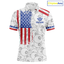 Load image into Gallery viewer, White American flag 8 ball billiard polo shirt for men with patriotic pool team graphics.