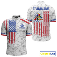 Load image into Gallery viewer, White American flag 8 ball billiard quarter zip shirt for men designed for league tournaments and team events.