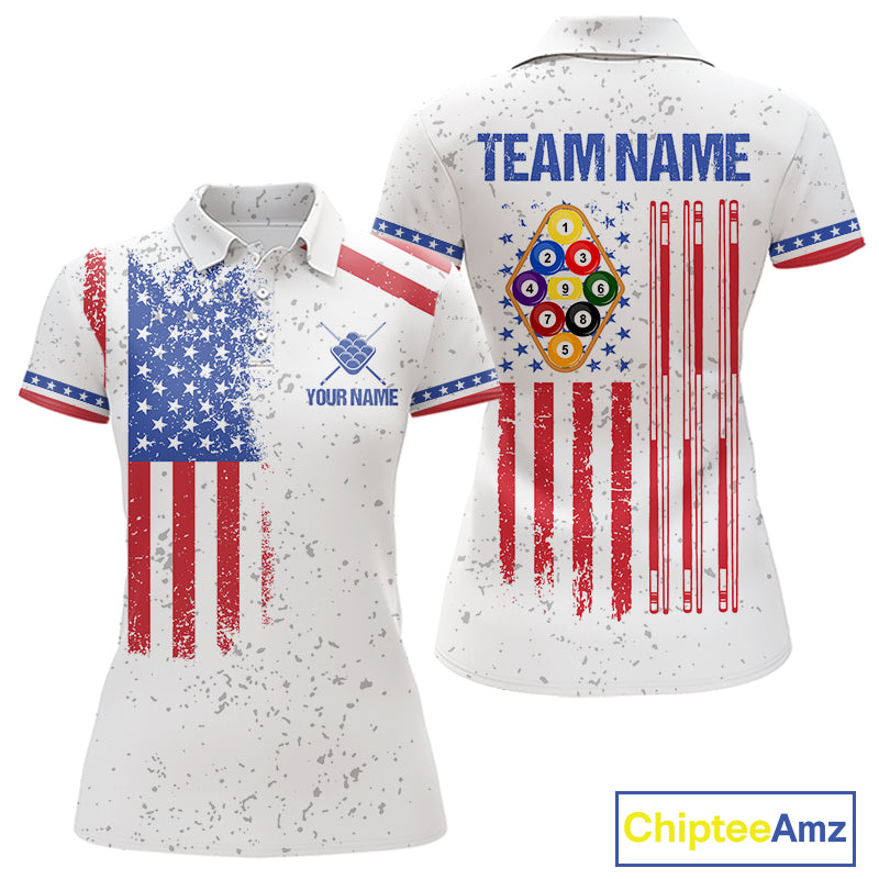 White American flag 9 ball billiard polo shirt for women with patriotic pool team graphics.
