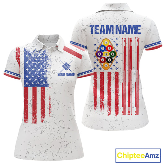 White American flag 9 ball billiard polo shirt for women with patriotic pool team graphics.