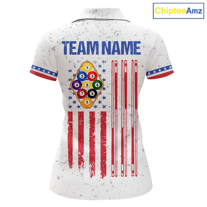 White American flag 9 ball billiard polo shirt for women with patriotic pool team graphics.