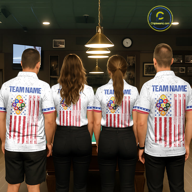 Back view of pool players wearing matching white 9 ball billiard shirts in a game room.