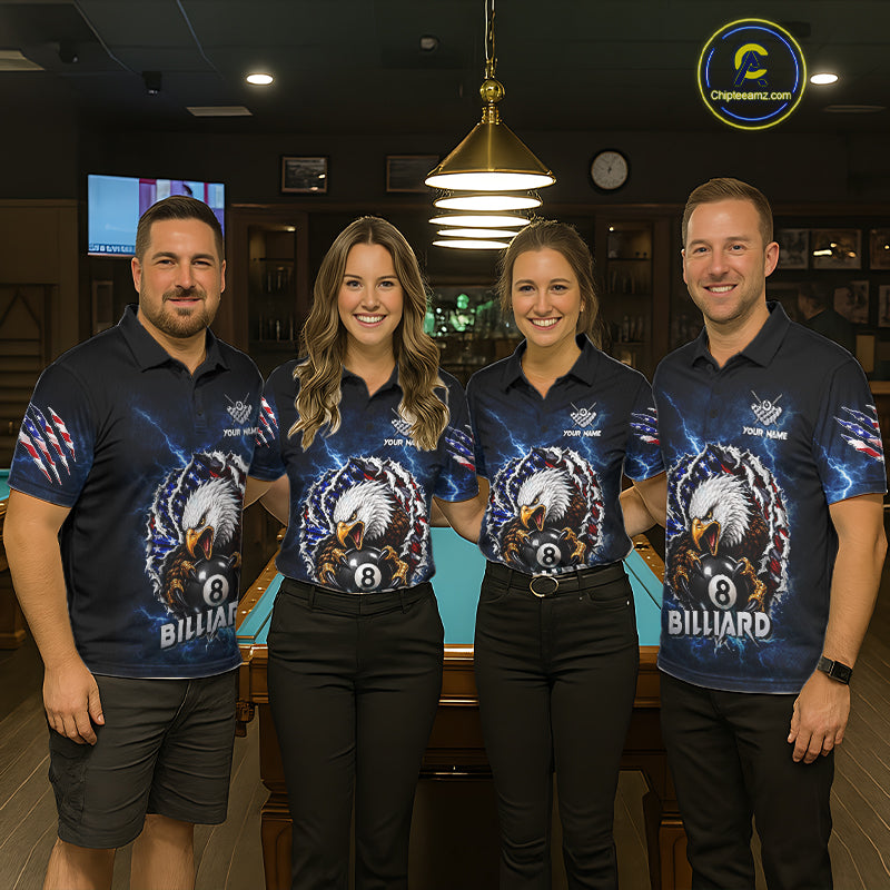 Back view of man wearing a blue lightning eagle pool shirt in a billiards hall.
