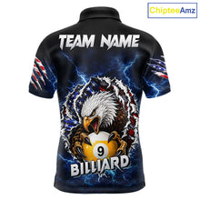 Load image into Gallery viewer, Blue lightning eagle American flag 8 ball and 9 ball billiard polo shirt for men with patriotic pool team graphics.