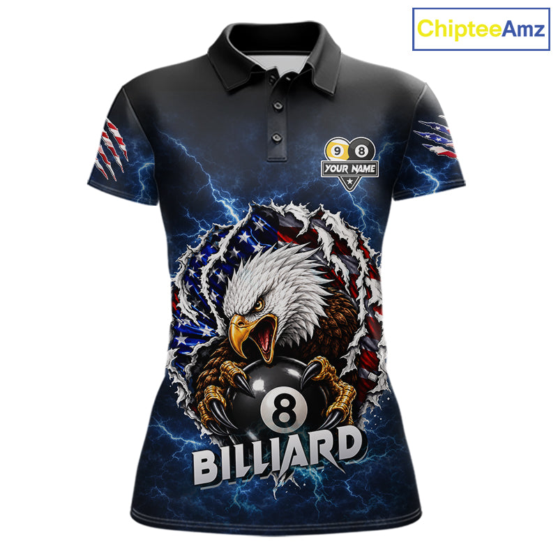 Blue lightning eagle American flag 8 ball and 9 ball billiard polo shirt for women with patriotic pool team graphics.