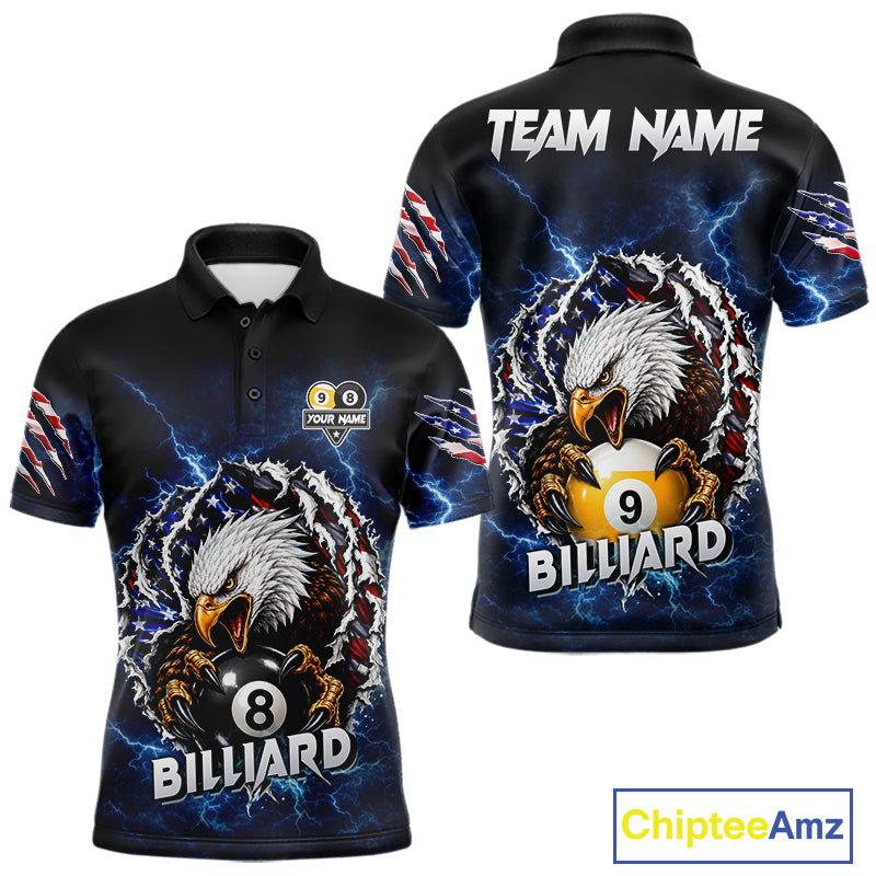 Blue lightning eagle American flag 8 ball and 9 ball billiard polo shirt for men with patriotic pool team graphics.