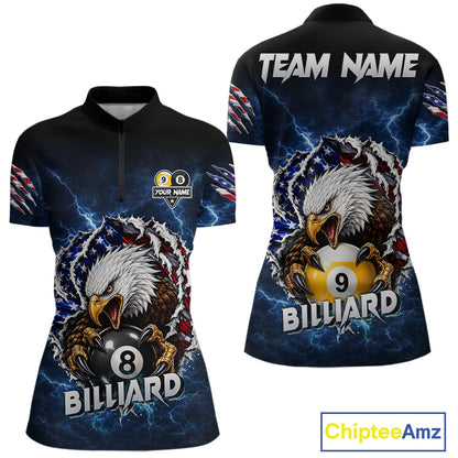 Blue lightning eagle American flag 8 ball and 9 ball billiard quarter zip shirt for women built for tournaments and league competition.