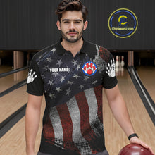 Load image into Gallery viewer, Man wearing retro American flag patriotic bowling polo shirt front view.