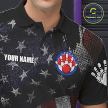 Load image into Gallery viewer, Close-up of the collar, buttons and chest detail on the retro American flag patriotic bowling polo shirt for men.