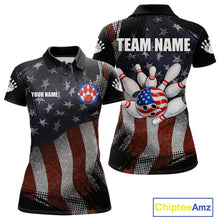 Load image into Gallery viewer, Retro American flag patriotic bowling team jersey polo shirt for women, custom bowling league apparel with vintage USA flag design.