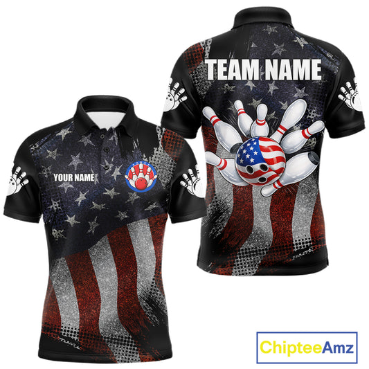 Retro American flag patriotic bowling team jersey polo shirt for men, custom bowling league apparel with vintage USA flag design.