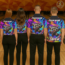 Load image into Gallery viewer, Bowling team wearing matching colorful raccoon bowling jerseys back view.