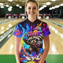 Load image into Gallery viewer, Woman wearing funny colorful raccoon bowling quarter zip shirt front view.