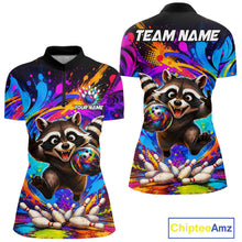 Load image into Gallery viewer, Funny colorful raccoon bowling team quarter zip shirt for women, custom bowling league jersey with colorful raccoon artwork.