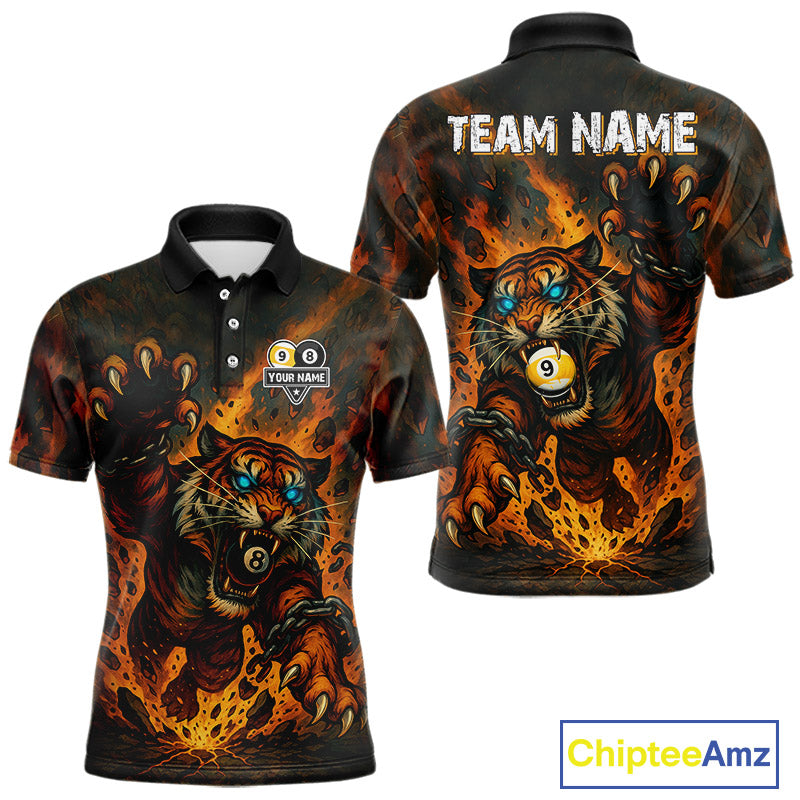 Personalized 8 & 9 Ball Tiger Fire Billiard Shirt For Men Custom Pool Team Jersey Polo & 1/4 Zip TDM4539