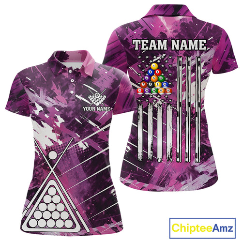 Purple Grunge US Flag Billiard Shirt For Women Custom 8 Ball Pool Team Shirt, Billiard Jersey TDM4969