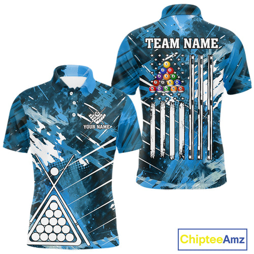 Blue Grunge US Flag Billiard Shirt For Men Custom 8 Ball Pool Team Shirt, Funny Billiard Jersey TDM4971