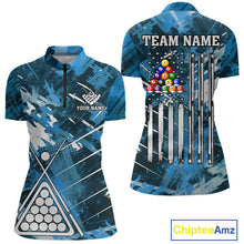 Load image into Gallery viewer, Blue Grunge US Flag Billiard Shirt For Women Custom 8 Ball Pool Team Shirt, Funny Billiard Jersey TDM4971