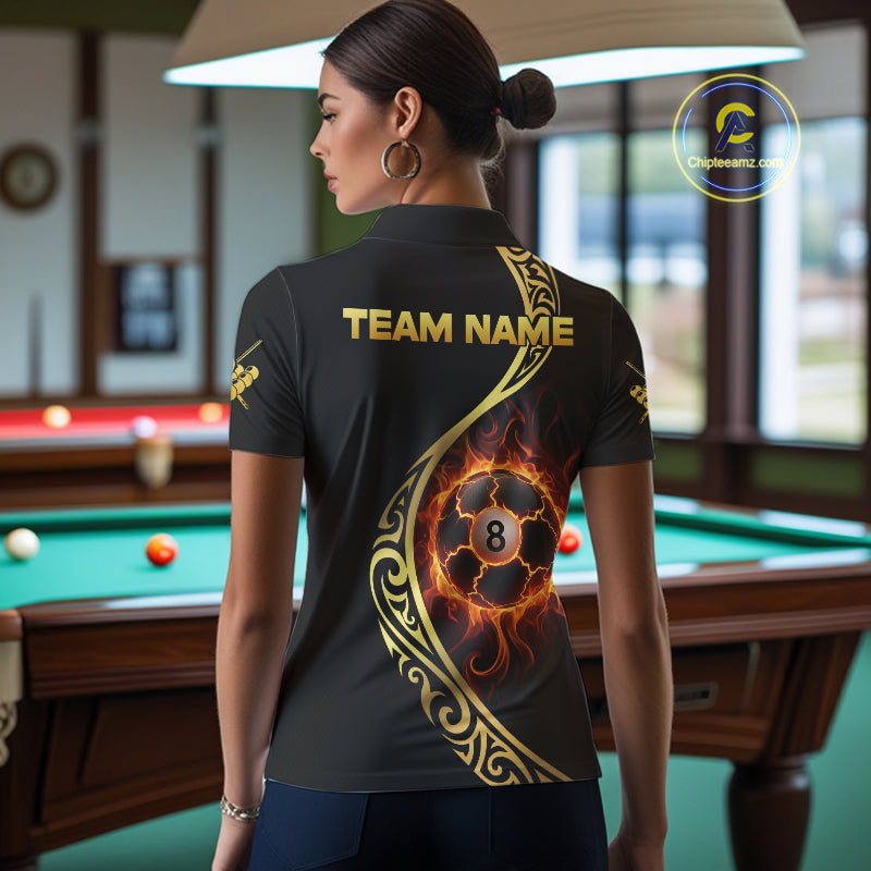 Personalized 8 Ball Fire Gold Tribal Billiard Shirt For Women, Billiard Jersey Team Polo & 1/4 Zip TDM5401