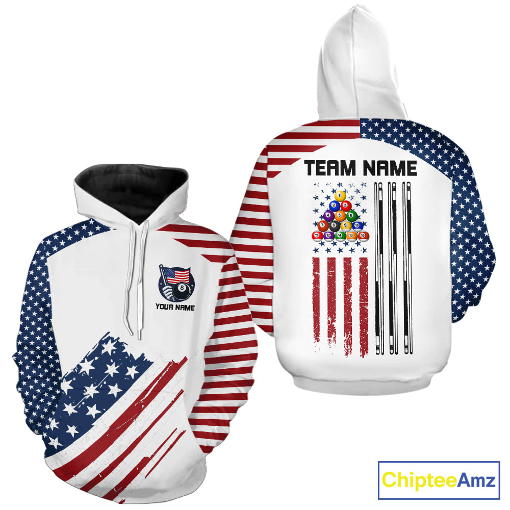 White Grunge American Flag Billiard Hoodie Custom Patriotic 8 Ball Hoodie Pool Team Jersey TDM5687
