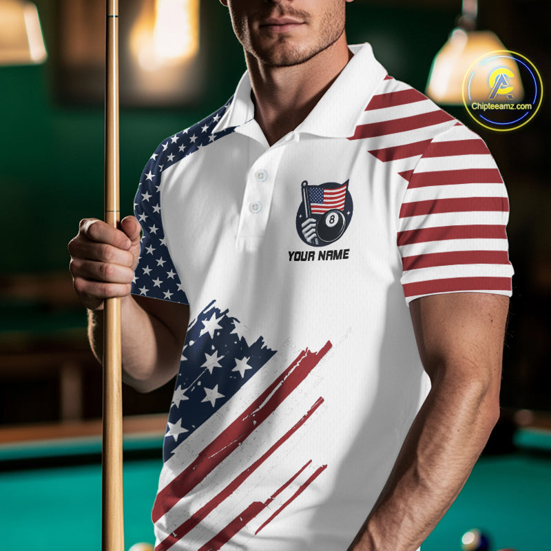 White Grunge American Flag Billiard Shirt For Men Custom Patriotic 8 Ball Pool Team Jersey TDM5687