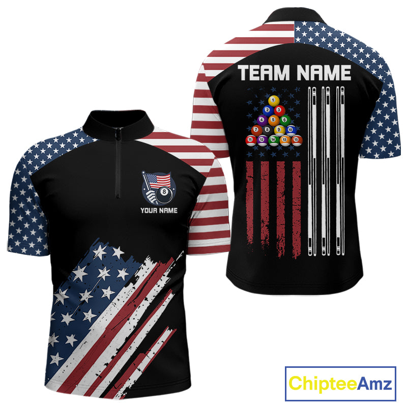 Black Grunge American Flag Billiard Shirt For Men Custom Patriotic 8 Ball Pool Team Jersey TDM5688