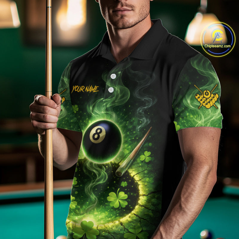 Personalized St Patrick Day Smoke 8 Ball Billiard Shirt For Men, Luckiest Shamrock Pool Jersey TDM5899