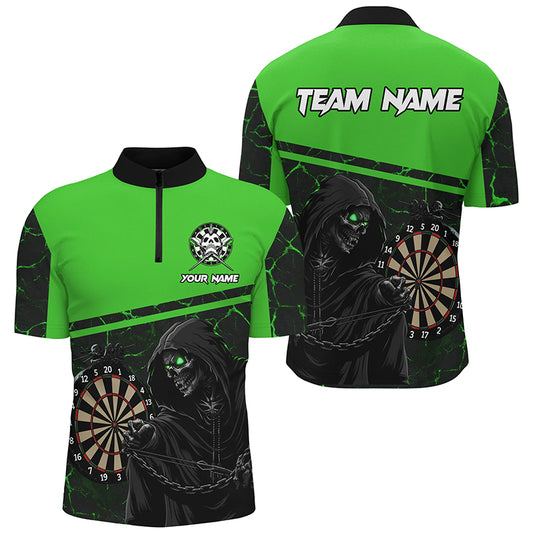 Personalized Grim Reaper Custom Green Darts Polo & Quarter-Zip Shirts For Men, Darts Jersey TDM1984