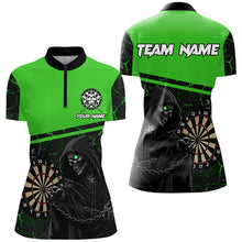 Load image into Gallery viewer, Personalized Death Skeleton Custom Green Darts Polo &amp; Quarter-Zip Shirts For Women, Cool Darts Jersey TDM1984