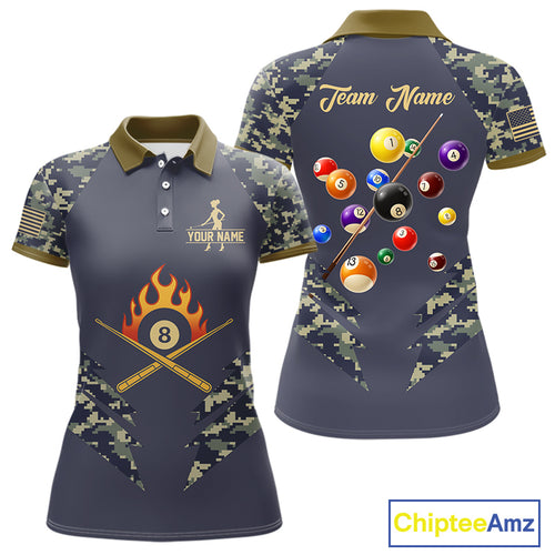 Personalized Flame 8 Ball Camo Billiard Shirts Custom Navy Blue Pool Team Jerseys Polo & 1/4 Zip TDM4332
