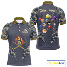 Load image into Gallery viewer, Personalized Flame 8 Ball Camo Billiard Shirts Custom Navy Blue Pool Team Jerseys Polo &amp; 1/4 Zip TDM4332