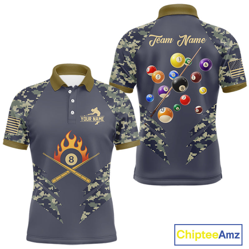 Personalized Flame 8 Ball Camo Billiard Shirts Custom Navy Blue Pool Team Jerseys Polo & 1/4 Zip TDM4332