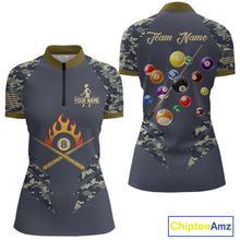 Load image into Gallery viewer, Personalized Flame 8 Ball Camo Billiard Shirts Custom Navy Blue Pool Team Jerseys Polo &amp; 1/4 Zip TDM4332