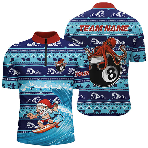Funny Christmas Santa Surfing Swell Men Quarter-Zip Shirts Custom Billiard Christmas Shirt TDM0537