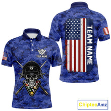 Load image into Gallery viewer, Personalized Blue Camo Skull Billiard Shirt For Men Custom Patriotic US Flag Pool Team Jersey TDM5166