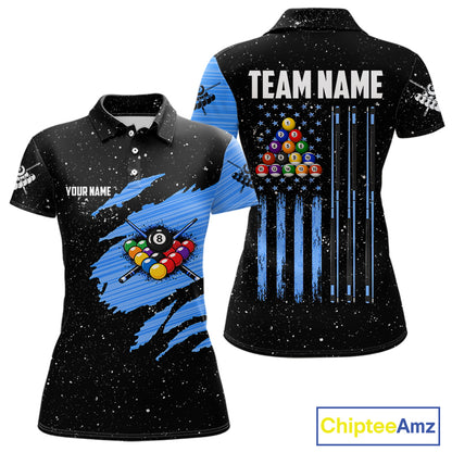 Custom Grunge American Flag 8 Ball Billiard Polo & 1/4 Zip For Women, Pool Team Jersey |Blue TDM5902