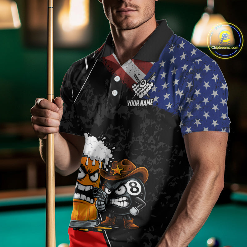 Funny Beer US Flag 8 Ball Pool Billiard Shirt For Men Custom Billiard Team Jersey Polo & 1/4 Zip TDM6047