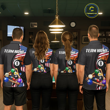 Personalized American Flag Pool Balls Billiard Shirt For Men, 8 Ball Jersey Team Polo & 1/4 Zip TDM6050