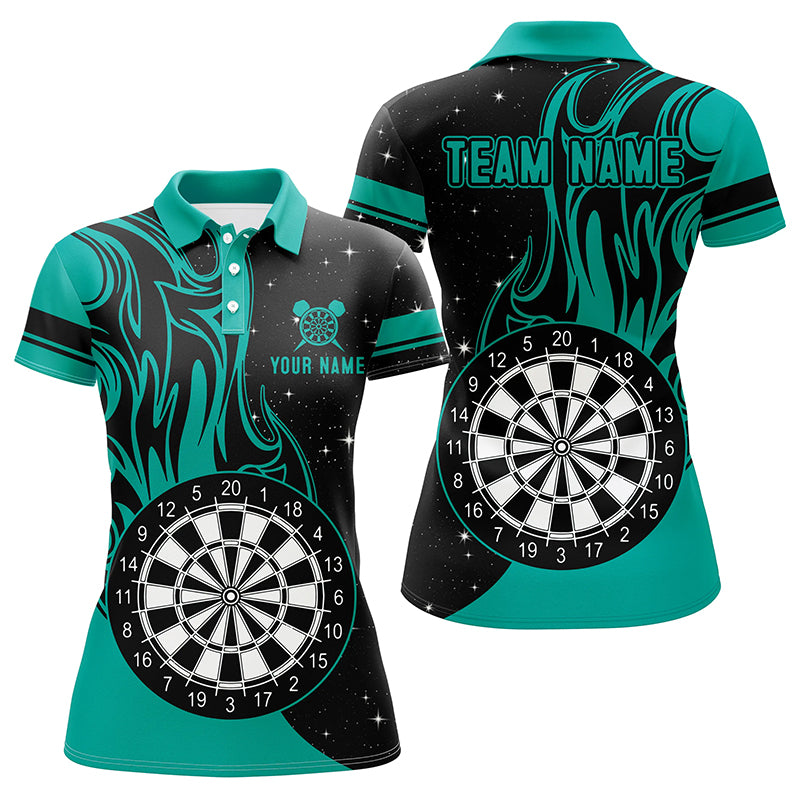 Personalized Turquoise Darts Fire Polo Shirts Best Custom Darts Shirts For Women Darts Team Jerseys TDM1418