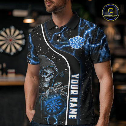 Custom Blue Darts Lightning Grim Reaper Polo & 1/4 Zip, Darts Shirt For Men, Darts Team Jersey TDM6308