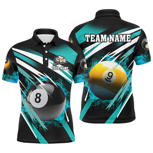 Billiard 8 Ball & 9 Ball Fire Men Polo & Quarter-Zip Shirt Custom Billiard Jersey Attire |Turquoise TDM1598