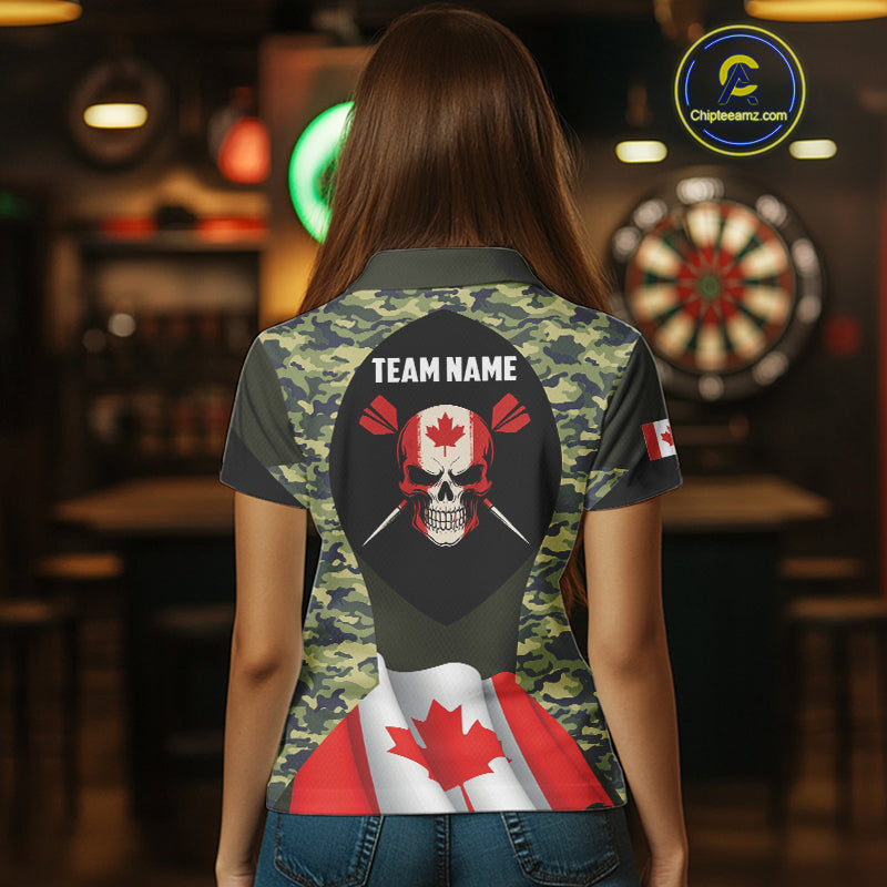 Canada Waving Flag Skull Green Camo Custom Dart Shirts For Women, Patriotic Dart Team Jerseys TDM4165