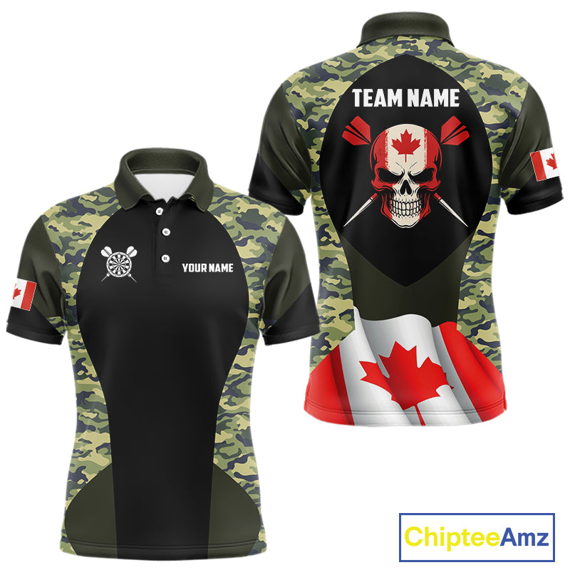 Canada Waving Flag Skull Green Camo Custom Dart Shirts For Men, Patriotic Dart Team Jerseys TDM4165