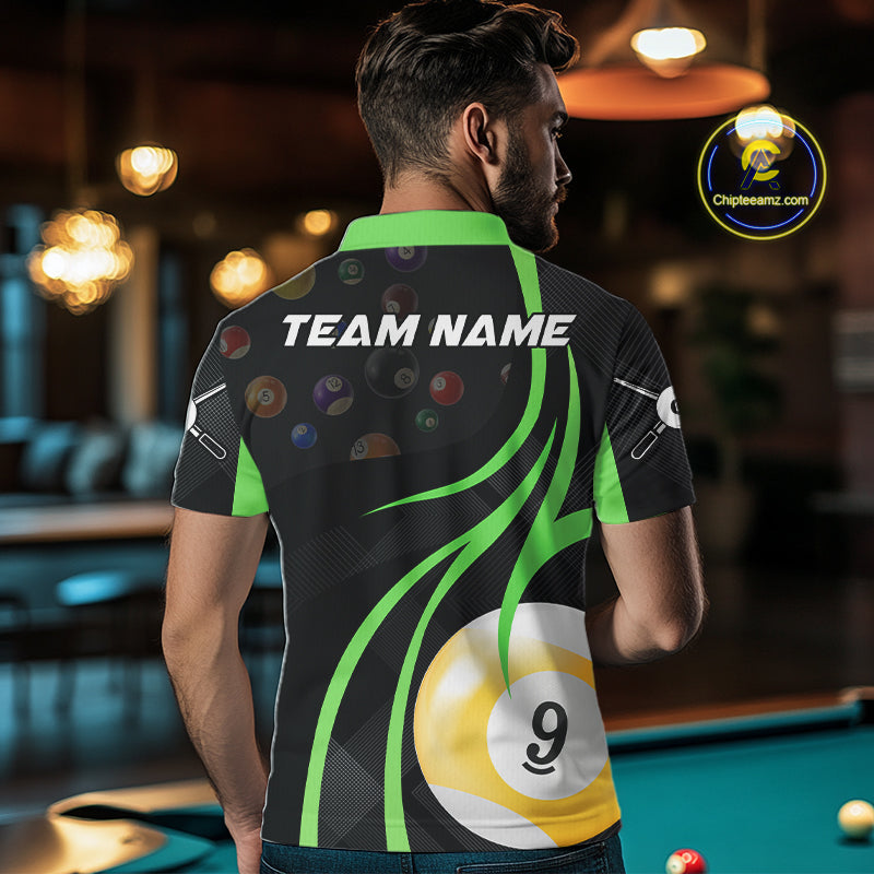 Back view of man wearing a green 8 ball and 9 ball pool shirt in a billiards hall.