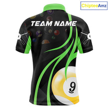 Load image into Gallery viewer, Green 8 ball and 9 ball billiard polo shirt for men with custom pool team graphics.