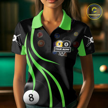 Load image into Gallery viewer, Woman wearing a green 8 ball and 9 ball billiard jersey beside a pool table front view.