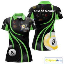 Load image into Gallery viewer, Green 8 ball and 9 ball billiard polo shirt for women with custom pool team graphics.