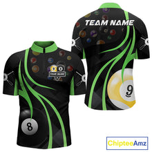 Load image into Gallery viewer, Green 8 ball and 9 ball billiard quarter zip shirt for men built for tournaments and league competition.